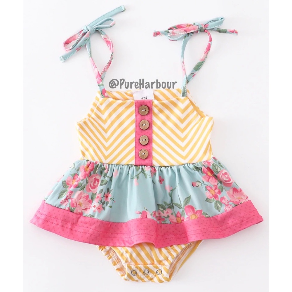Mustard Floral Ruffle Baby Bubble Romper